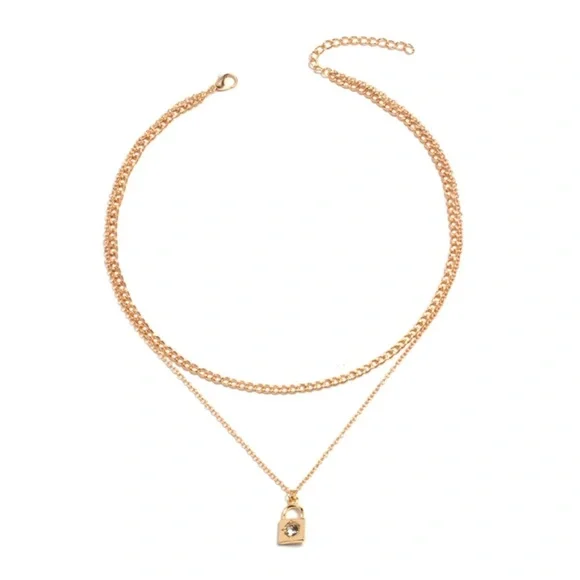 Elegant Gold Color Layered Necklace with Lock Pendant - Picture 6 of 9